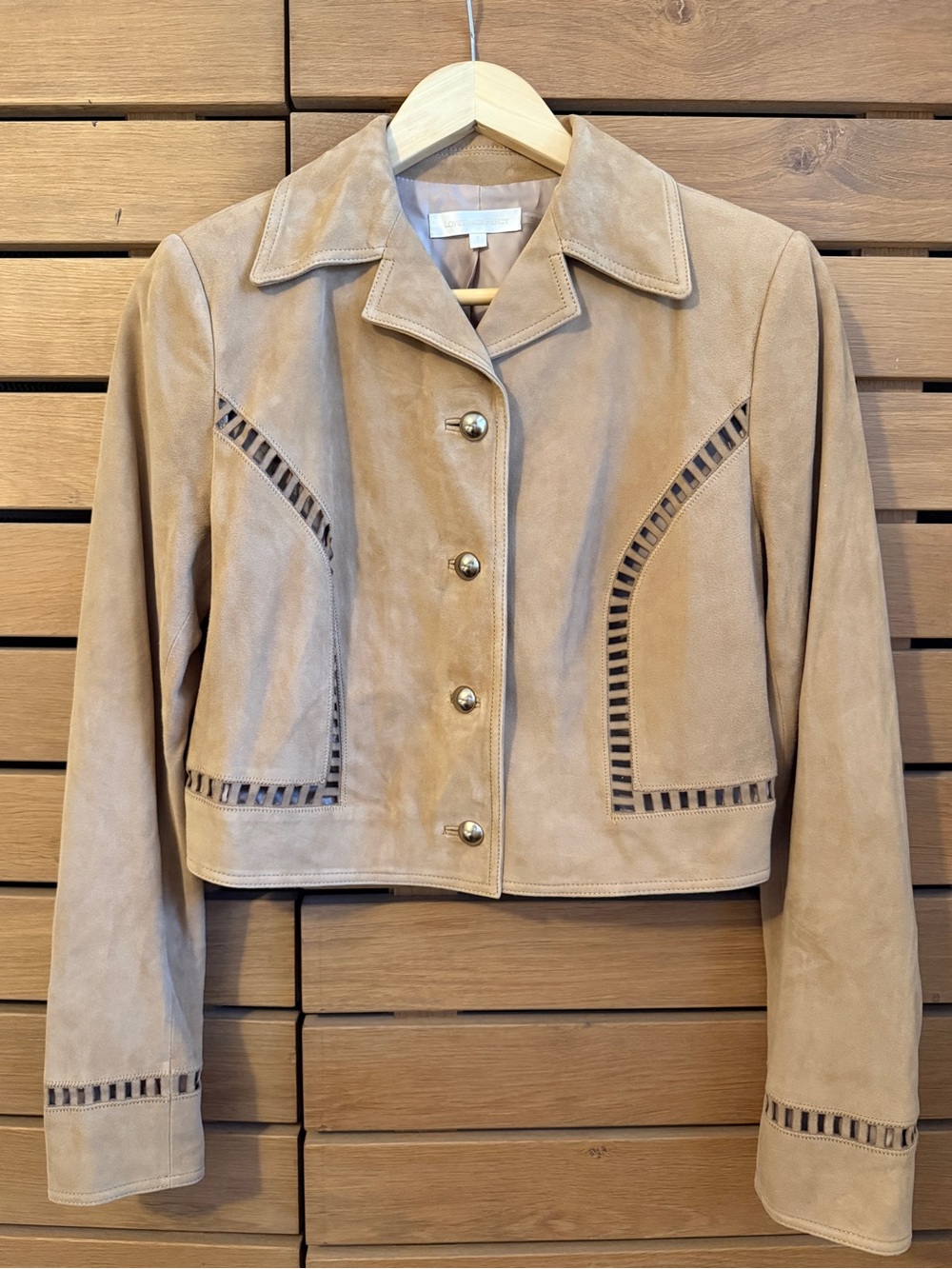 LoveShackFancy Tan Suede Cropped Jacket with Cutout Trim